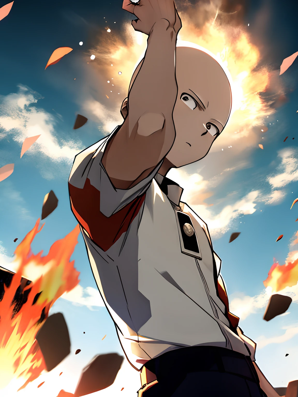 <lora:xl_kono dio da(kohaku_Delta)-000008:1>,dio face,open mouth,smile,thumbs up, 1boy, clean up, saitama (one-punch man), bald, cape, gloves, blood on face, looking at viewer, injury, closed mouth, <lora:saitama:0.8>