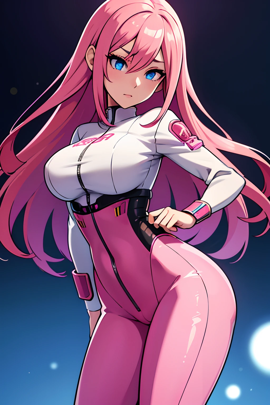 Beautiful Gynoid,long pink hair,blue eyes,big bouncing breasts,[warning a Japanese jacket],[Japanese t-shirt],[Japanese pants],medium:illustrations,detailed face,ultra-detailed,bodydetails,[best quality:1.2],[highres,4k],vibrant colors,bokeh,soft lighting