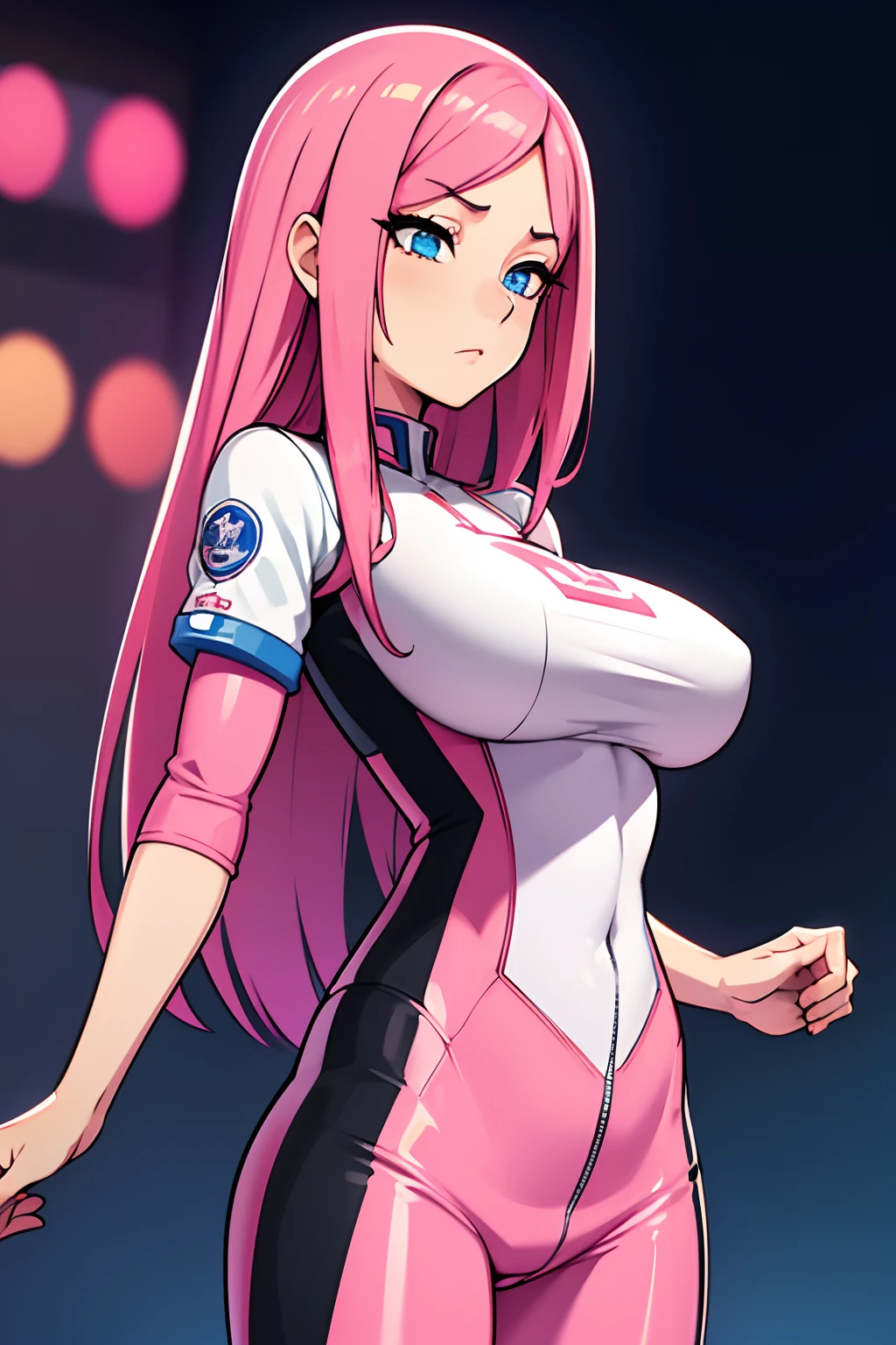 Beautiful Gynoid,long pink hair,blue eyes,big bouncing breasts,[warning a Japanese jacket],[Japanese t-shirt],[Japanese pants],medium:illustrations,detailed face,ultra-detailed,bodydetails,[best quality:1.2],[highres,4k],vibrant colors,bokeh,soft lighting