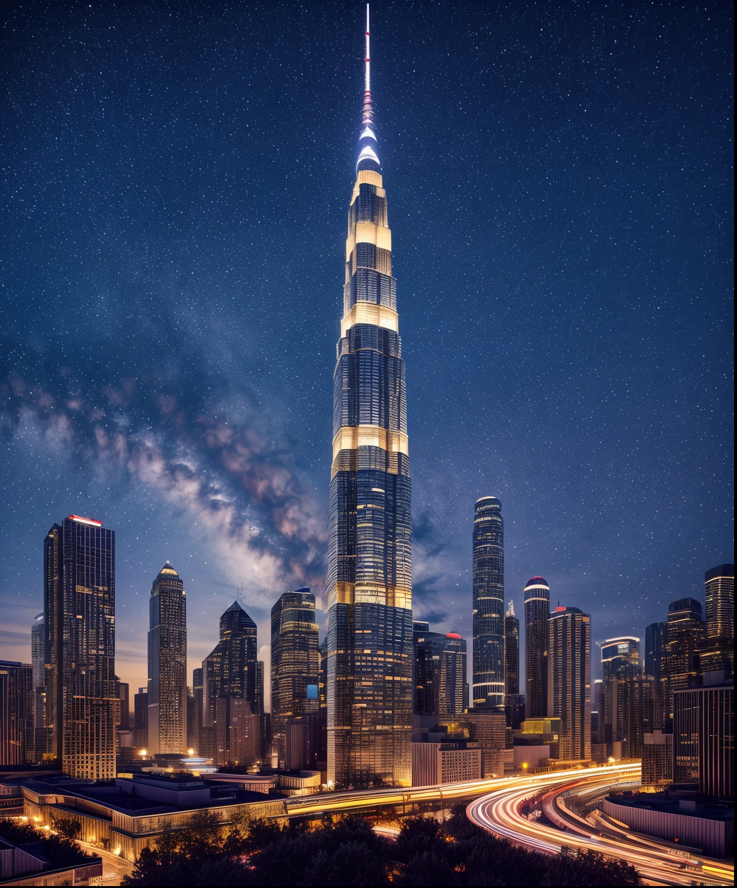 Sheet music playback、Colorful sheet music is played、Cute girl characters、 Night view from a high place、Drawing a large number of skyscrapers, Looking up at the starry sky. Surround her with colorful nebulae and colorful metropolis.