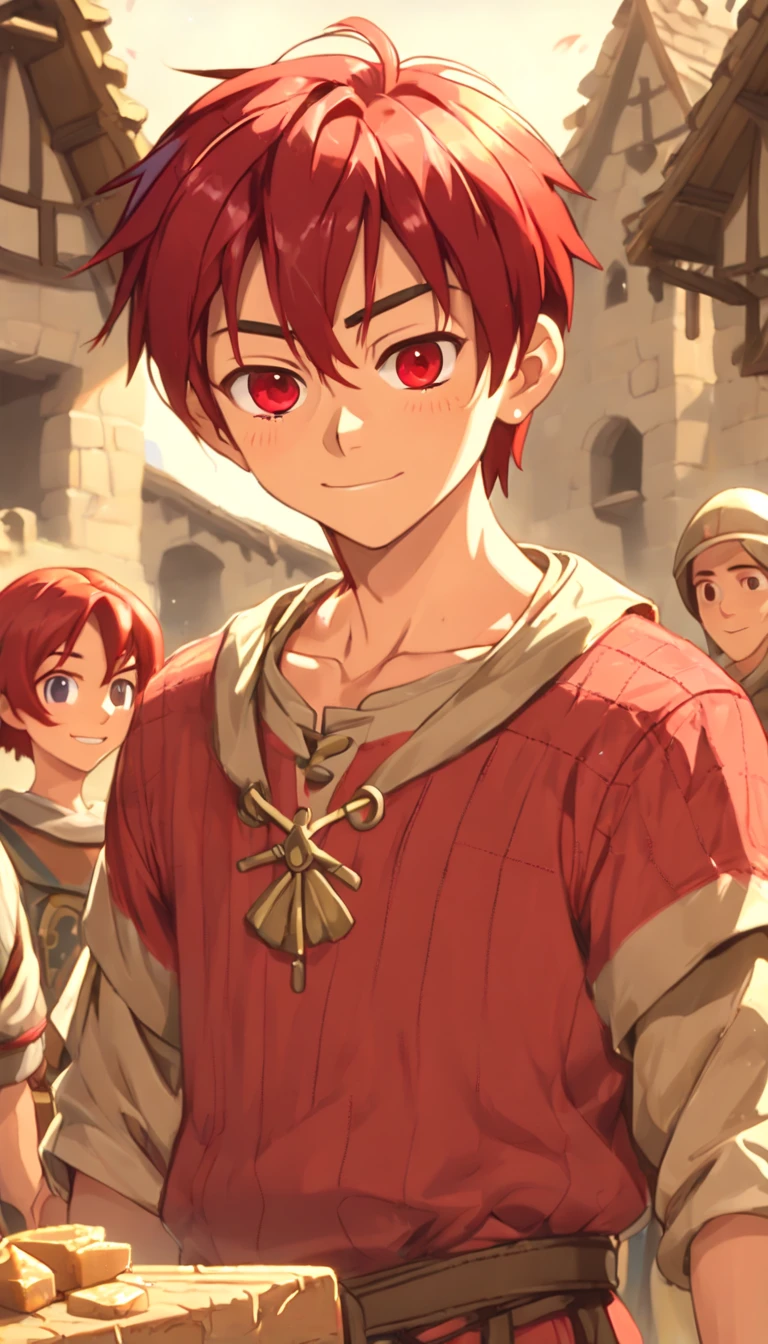 One dirty child (male) (13 years old), Tan skin, 1kid, ((slim fit muscular body: 1.5)), ((medieval villager clothing: 1.9)), bright_red hair, short hair, different eyes (heterochromia), Peasant boy, villager , Friendly Smile, heroic, slightly sloppy clothes, Medieval Style Clothing, Simple Clothing, Human, gentle boy, Young Face, Skill Picture, Villager Clothes, ((highly_saturated red_hair: 1.9)), (epitome_of_kindness: 1.9)), ((extremely_handsome: 1.8)), (short_hair: 1.9)
