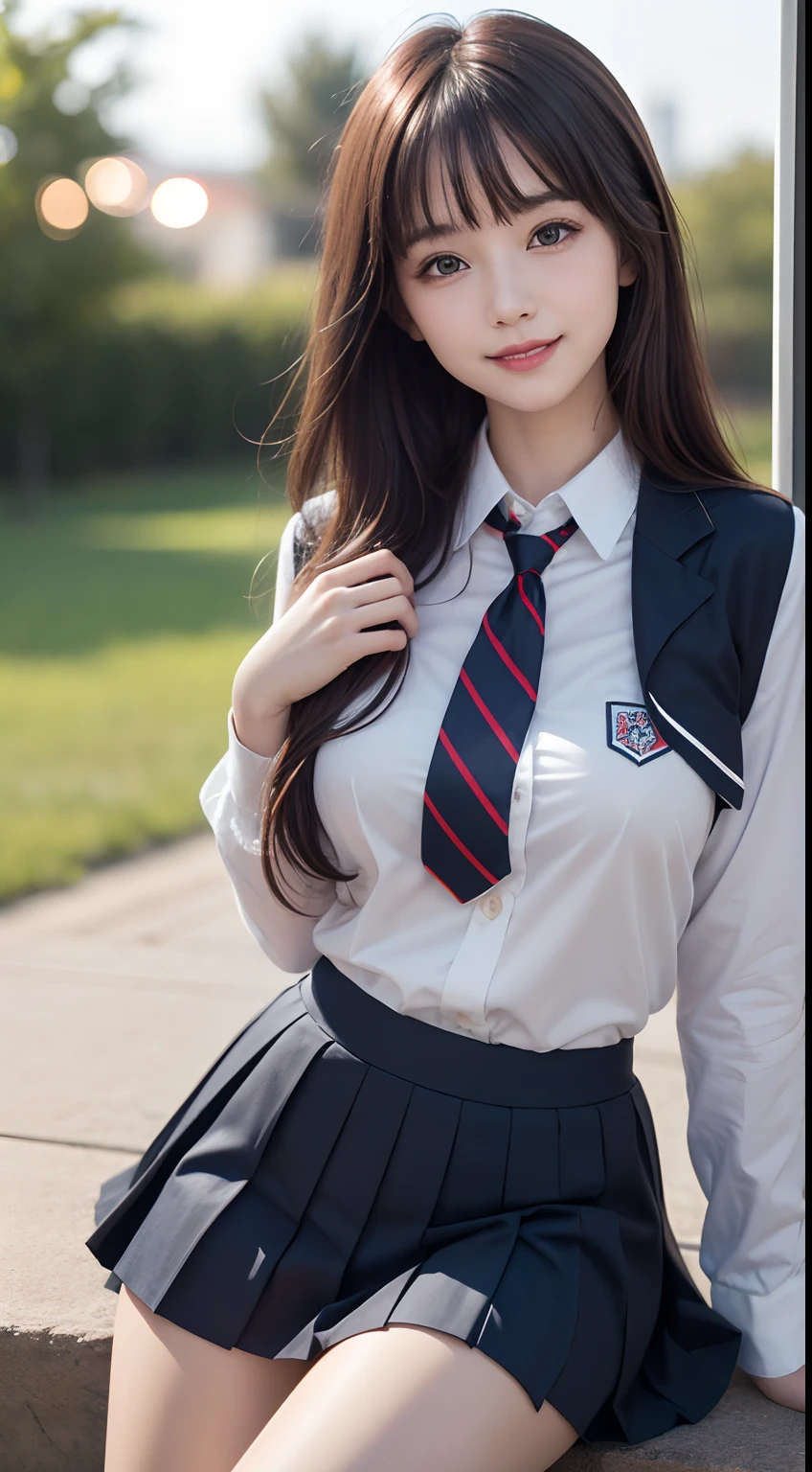 1young girls, (Extremely cute), (Highly detailed eyes, Highly detailed hair, Highly detailed face), Sexy face, Smile happily, Bangs, (High School Uniform, Pleated mini-skirt:1.2), (High school uniform fully open chest), hair blowing in wind, extremely detailed CG unified 8k wallpaper, Highly detailed, High-definition raw color photos, Professional Photography, Realistic portrait, Cinematic Light, (:1.5), Sitting, (Spread your legs wide open), Outdoors, Lush steppe, (((Bokeh))), depth of fields,