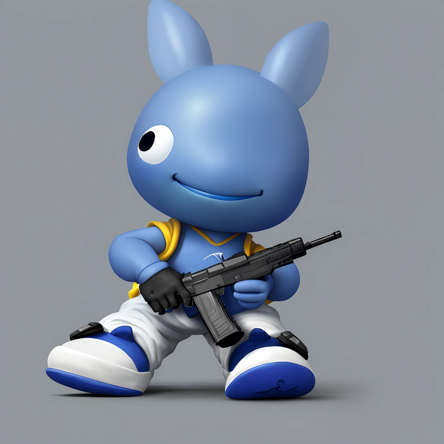 (Extremely detailed 8k wallpaper), blue pikmin wearing air jordans and holding a glock