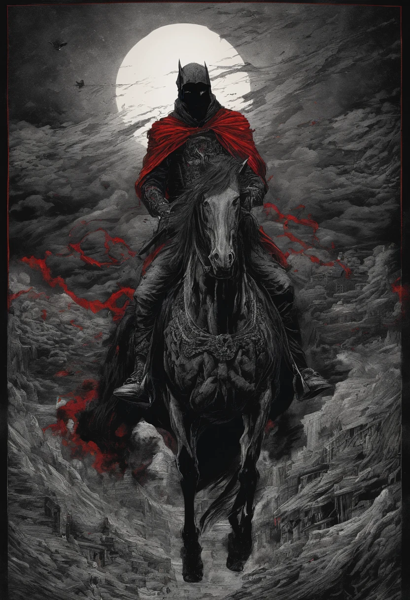 Masked Man on a Black Horse, un grand livre ouvert dans la main, eyes illuminated bright red color, dessiner dans le style du manga baki avec fond apocalyptique