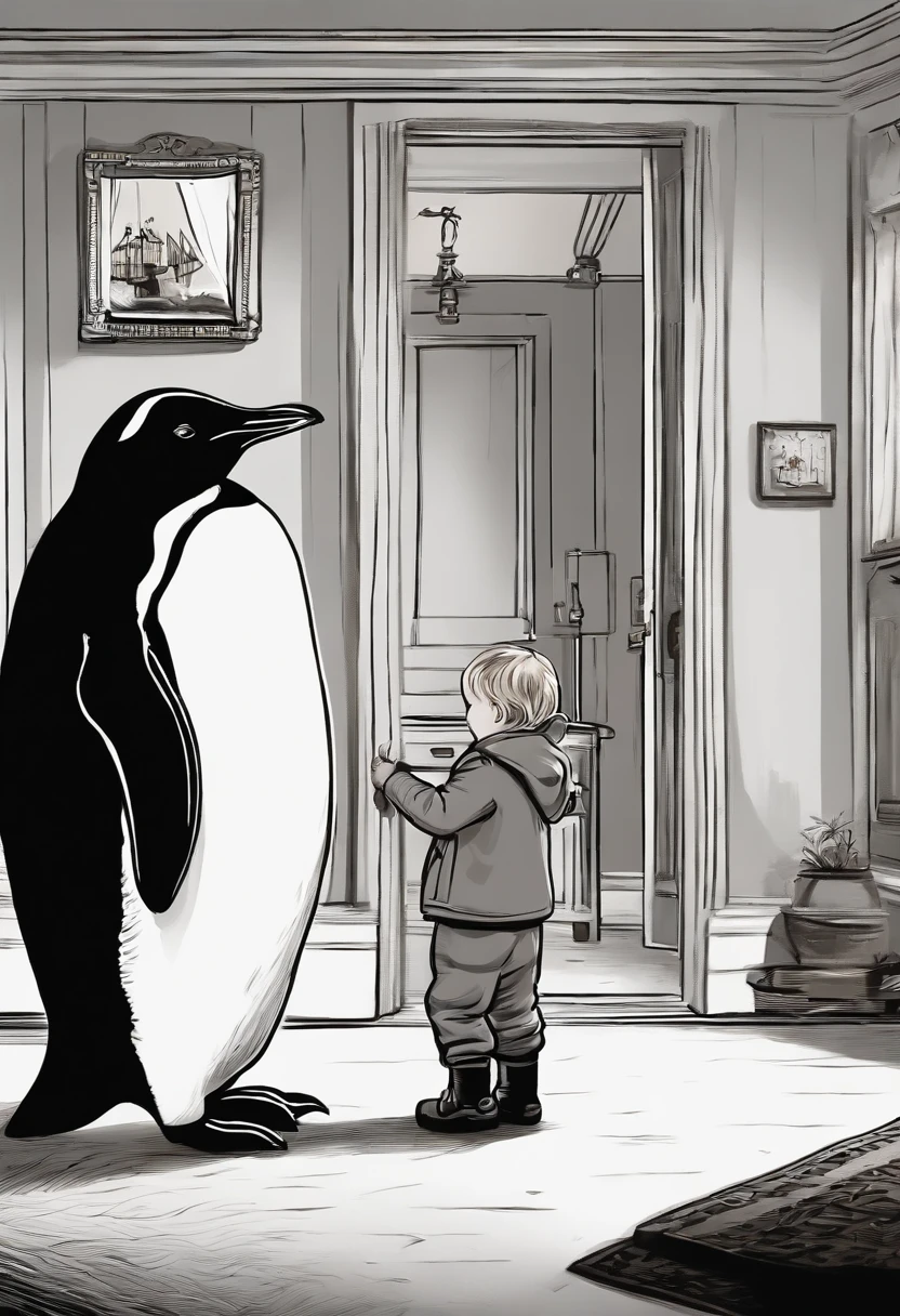 "Describe a scene in which a 7--old  is in the room with a penguin. The penguin is holding the hammer in his hand. Detail the appearance of the room, the boy's expression, and any interactions that are happening between the boy and the penguin. "