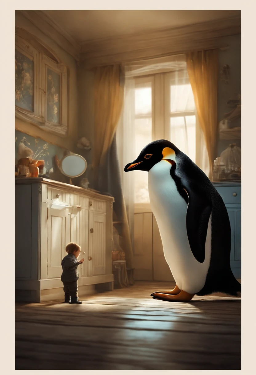 "Describe a scene in which a 7-year-old boy is in the room with a penguin. The penguin is holding the hammer in his hand. Detail the appearance of the room, the boy's expression, and any interactions that are happening between the boy and the penguin. "