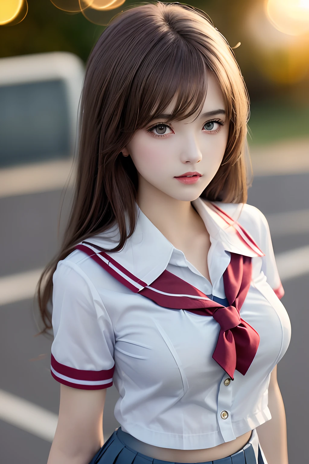 (2girls), Brown hair, Amazing face and eyes, Pink eyes, (High school uniform with wide open chest:1.25), Beautiful big breasts, bared chest, (amazingly beautiful girl), Brown hair, (High School Uniform, Pleated mini-skirt:1.5), ((Best Quality)), (Ultra-detailed), (extremely detailed CG unified 8k wallpaper), Highly detailed, High-definition raw color photos, Professional Photography, (((Bokeh))), depth of fields,