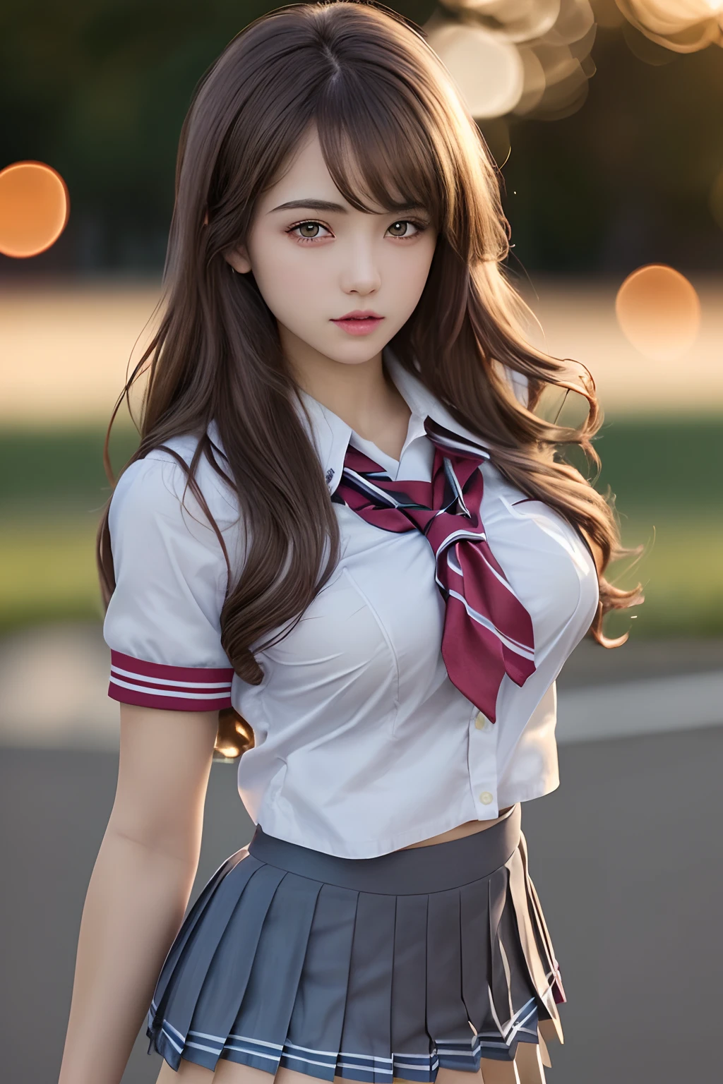 (2girls), Brown hair, Amazing face and eyes, Pink eyes, (High school uniform with wide open chest:1.25), Beautiful big breasts, bared  chest, (amazingly beautiful girl), Brown hair, (High School Uniform, Pleated mini-skirt:1.5), ((Best Quality)), (Ultra-detailed), (extremely detailed CG unified 8k wallpaper), Highly detailed, High-definition raw color photos, Professional Photography, (((Bokeh))), depth of fields,