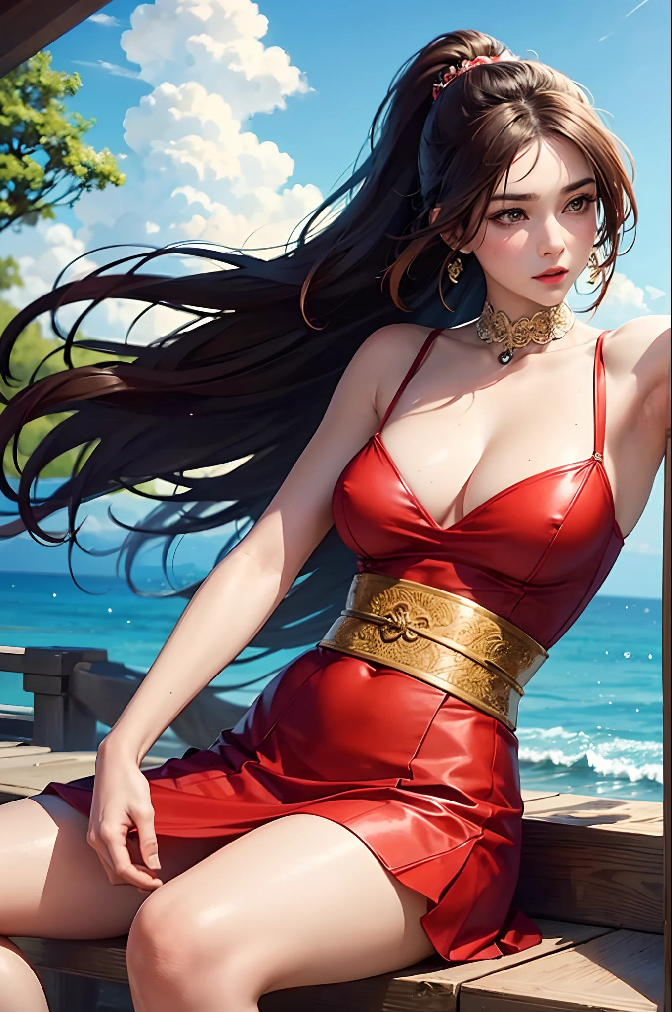 (Masterpiece:1.2, Best quality), (beautiful finely detailed eyes:1.2), (finely detailed eyes and detailed face:1.3), (Beautiful and clear background:1. 2), Mai Shiranui, red clothes, brown hair, brown eyes, Ponytail, White ribbon at waist, sleeveless, pelvic drape, sash, drapery, Tabi, Temple background, sitting on the ground, 28 years old, sexy, Perfect anatomy, portait, midshot.