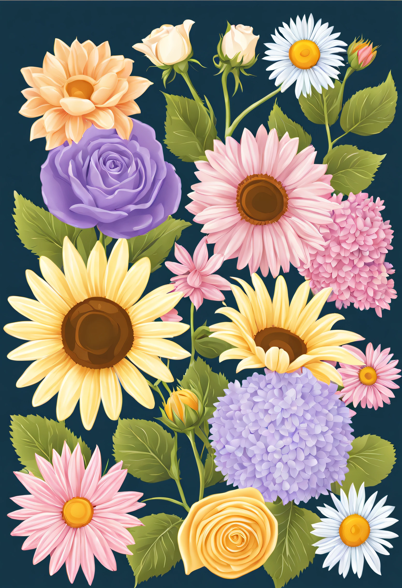 I need a flower border vector in pastel colors consisting of various types of flowers such as roses, sunflowers and daisies