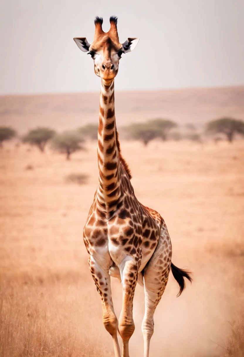 A giraffe running towards the African savannah