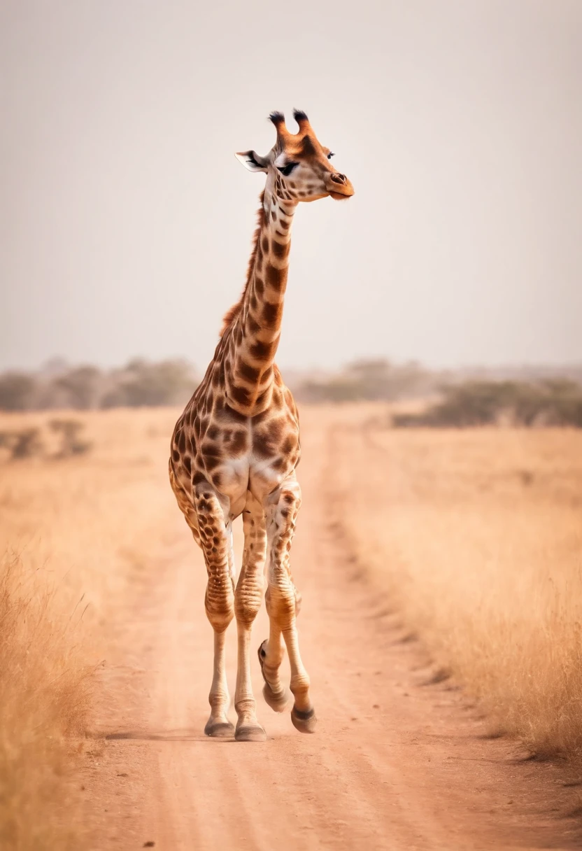 A giraffe running towards the African savannah
