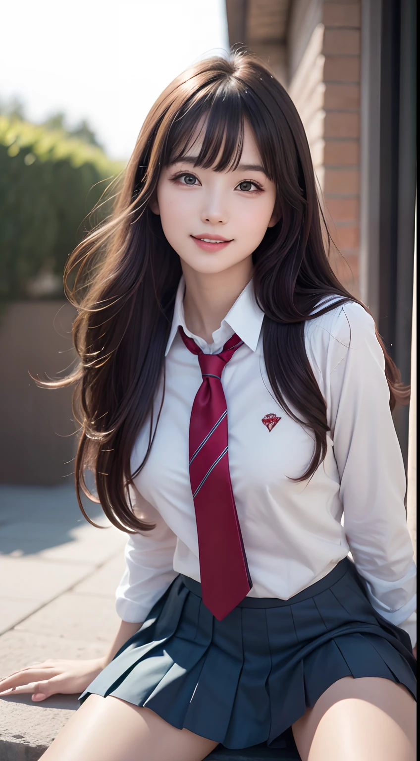 (1young girls), twintails, brown hair, (highly detailed Beautiful face), Amazing face and eyes, (Best Quality:1.4), (Ultra-detailed), (extremely detailed CG unified 8k wallpaper), Highly detailed, High-definition raw color photos, Professional Photography, Realistic portrait, Amazing face and eyes, Pink eyes, (hi-school uniform, pleated mini skirt:1.3), ((hi-school uniform with open chest)), model, smile shyly, (((Bokeh))), depth of fields, depth of fields, beach, twilight, sunset,