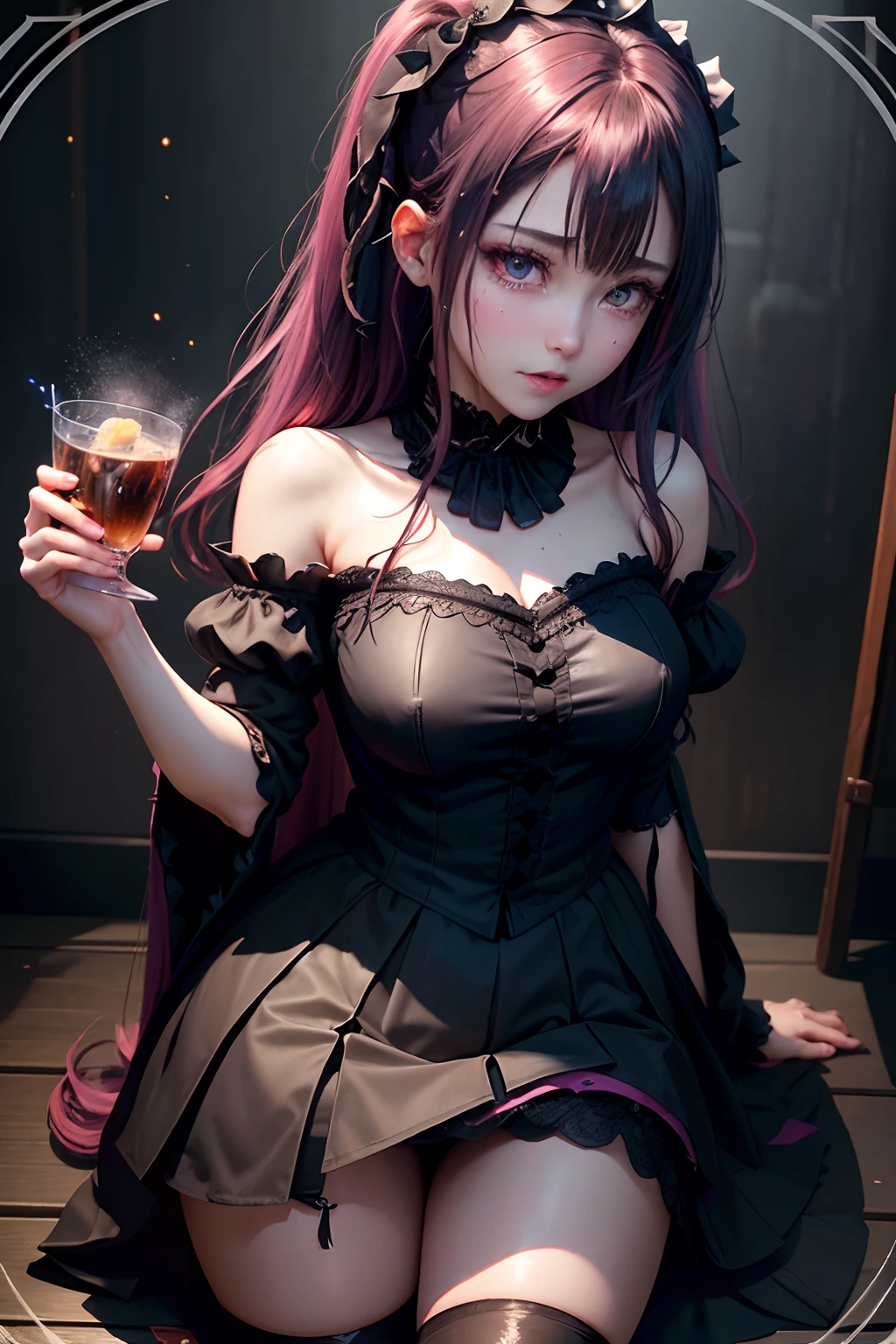 Fornication、Hard Dark Gothic Makeup、Maniacal、Deep night sky、horor、Black Dark Eyeshadow、slaves、crying how bright、mourn、Sad songs、Good skin luster、Lace pink、Long hair straight hair、Dark Gothic Makeup、Dark smile、Restless Palace、Expressions of sexual arousal、Fragrant beauty、age19、carriage、Lying、seductiv、Strong sexual pleasure facial expressions、A look of shame、Dark Gothic、Gothic Long Dress、Gothic lolita、masturbation、bell sleeves、Wizard Sleeve、Obscene look、Stained glass background、masutepiece、Best Quality、Ultra-detailed、Refers to 5 books、Sweat glitters on my chest、A little glitter of sweat on the face、Expression of sexual pleasure in anguish、Drunken face、maid clothes、Nasty Woman、Mysterious、noble、Face holding back the toilet、Goth loli clothes、Black pretend skirt、the body is wet and shiny、Transcendent sex appeal、sexy pose、Nasty poses、Face of fiery body、sloppily open your legs、Sweating profusely、Glitter on thighs、I'm sweating a lot、a little slender、Breast Size Medium、Affectionate smile、twin-tail hair、bright pink hair、Glamour、sprawl、open one's legs、The thighs are quite wet、