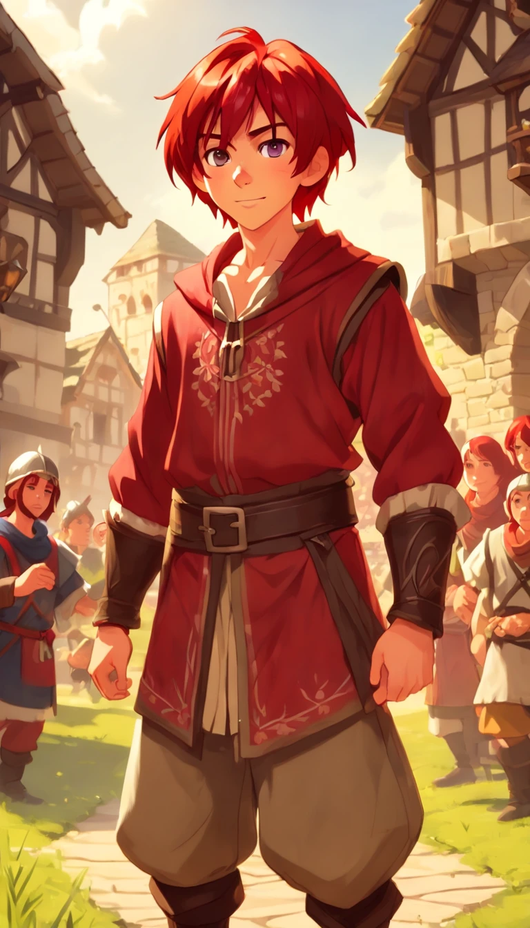Conan Exiles style, One dirty child (male) (), Tan skin, 1kid, ((slim fit muscular body: 1.5)), ((medieval villager clothing: 1.9)), bright_red hair, short hair, different eyes (heterochromia), Peasant boy, villager , Friendly Smile, heroic, slightly sloppy clothes, Medieval Style Clothing, Simple Clothing, Human, gentle boy, Young Face, Skill Picture, Villager Clothes, ((highly_saturated red_hair: 1.9)), (epitome_of_kindness: 1.9)), ((extremely_handsome: 1.8)), (short_hair: 1.9)