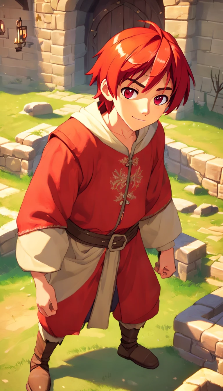 Conan Exiles style, One dirty child (male) (13 years old), Tan skin, 1kid, ((slim fit muscular body: 1.5)), ((medieval villager clothing: 1.9)), bright_red hair, short hair, different eyes (heterochromia), Peasant boy, villager , Friendly Smile, heroic, slightly sloppy clothes, Medieval Style Clothing, Simple Clothing, Human, gentle boy, Young Face, Skill Picture, Villager Clothes, ((highly_saturated red_hair: 1.9)), (epitome_of_kindness: 1.9)), ((extremely_handsome: 1.8)), (short_hair: 1.9)