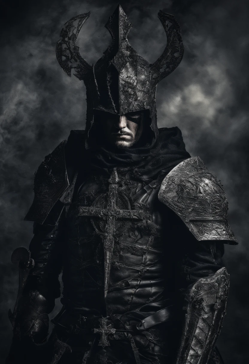 Homme en armure sur un cheval ???? en armure, A warhelm on the character's head, A Christian cross in the background with an apocalyptic background