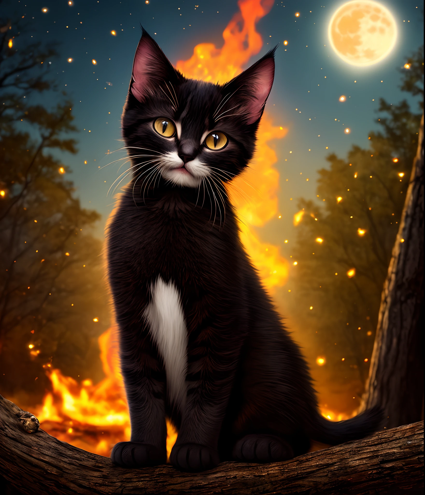 Werekitten, black fur, glowing cat eyes, dark woods, full red moon, fireflies in background,