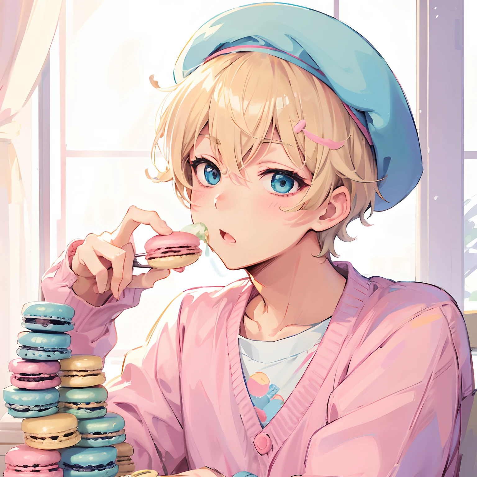 Japanese anime, beautiful young man, blonde, wavy hair, short hair, light blue beret, pink sweater, eating macarons, stack of colorful macarons, cheekbones on table, cute background,high quality, amount of drawing, pixiv illustration