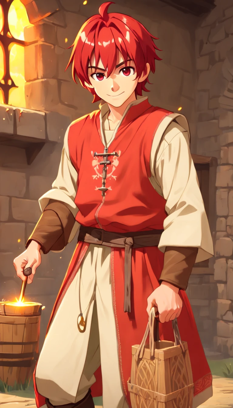 Conan Exiles style, One dirty child (male) (), Tan skin, 1kid, ((slim fit muscular body: 1.5)), ((medieval villager clothing: 1.9)), bright_red hair, short hair, different eyes (heterochromia), Peasant boy, villager , Friendly Smile, heroic, slightly sloppy clothes, Medieval Style Clothing, Simple Clothing, Human, gentle boy, Young Face, Skill Picture, Villager Clothes, ((highly_saturated red_hair: 1.9)), (epitome_of_kindness: 1.9)), ((extremely_handsome: 1.8)), (short_hair: 1.9)