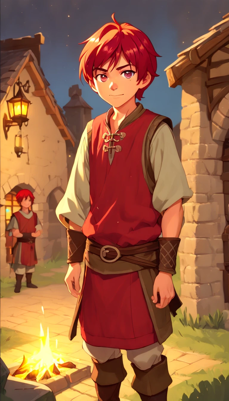 Conan Exiles style, One dirty child (male) (), Tan skin, 1kid, ((slim fit muscular body: 1.5)), ((medieval villager clothing: 1.9)), bright_red hair, short hair, different eyes (heterochromia), Peasant boy, villager , Friendly Smile, heroic, slightly sloppy clothes, Medieval Style Clothing, Simple Clothing, Human, gentle boy, Young Face, Skill Picture, Villager Clothes, ((highly_saturated red_hair: 1.9)), (epitome_of_kindness: 1.9)), ((extremely_handsome: 1.8)), (short_hair: 1.9)