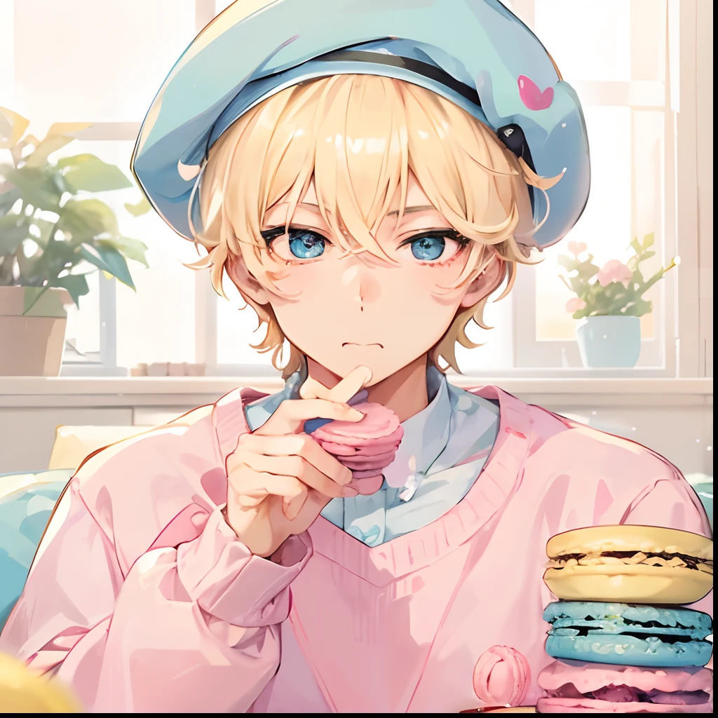 Japanese anime, beautiful young man, blonde, wavy hair, short hair, light blue beret, pink sweater, eating macarons, stack of colorful macarons, cheekbones on table, cute background,high quality, amount of drawing, pixiv illustration