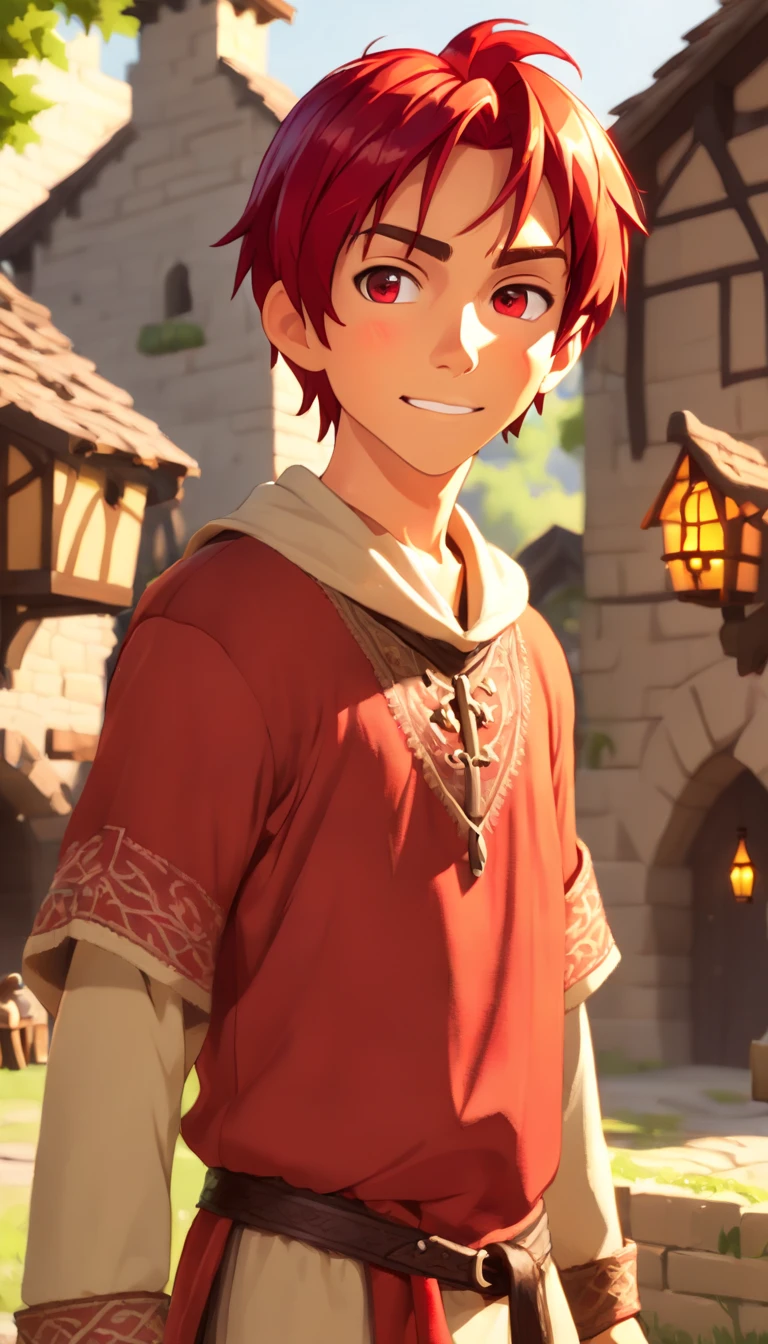 Conan Exiles style, One dirty child (male) (), Tan skin, 1kid, ((slim fit muscular body: 1.5)), ((medieval villager clothing: 1.9)), bright_red hair, short hair, different eyes (heterochromia), Peasant boy, villager , Friendly Smile, heroic, slightly sloppy clothes, Medieval Style Clothing, Simple Clothing, Human, gentle boy, Young Face, Skill Picture, Villager Clothes, ((highly_saturated red_hair: 1.9)), (epitome_of_kindness: 1.9)), ((extremely_handsome: 1.8)), (short_hair: 1.9)