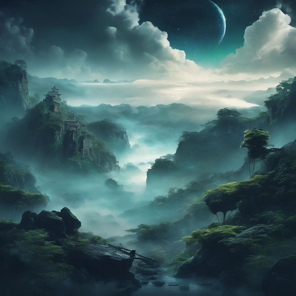 Magnificent view,Mountain top forest edge landscape photography professional high quality nature digital photography,Broad field of view,Bushes in the moonlight,Moonlight 1 White Phalaenopsis orchid on the edge of the cliff,Clear and transparent water,Huge stones stand tall,A majestic,Yamakawa,Simple and beautiful,Minimalist,Deep cyan tones,foggy sky,Nightmare vision, Dark fantasy plot,Perfect and excellent composition,8K分辨率,the detail,Rain trails,dampness,water stain,very wide angle shot,Jack Guzman's environmental art photography,realisticlying