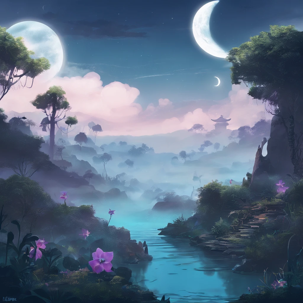 Magnificent view,Mountain top forest edge landscape photography professional high quality nature digital photography,Broad field of view,Bushes in the moonlight,Moonlight 1 White Phalaenopsis orchid on the edge of the cliff,Clear and transparent water,Huge stones stand tall,A majestic,Yamakawa,Simple and beautiful,Minimalist,Deep cyan tones,foggy sky,Nightmare vision, Dark fantasy plot,Perfect and excellent composition,8K分辨率,the detail,Rain trails,dampness,water stain,very wide angle shot,Jack Guzman's environmental art photography,realisticlying