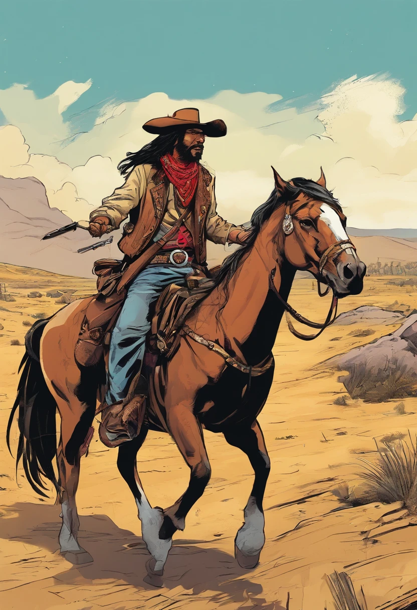 a wild west pistolero walking with a apache chief