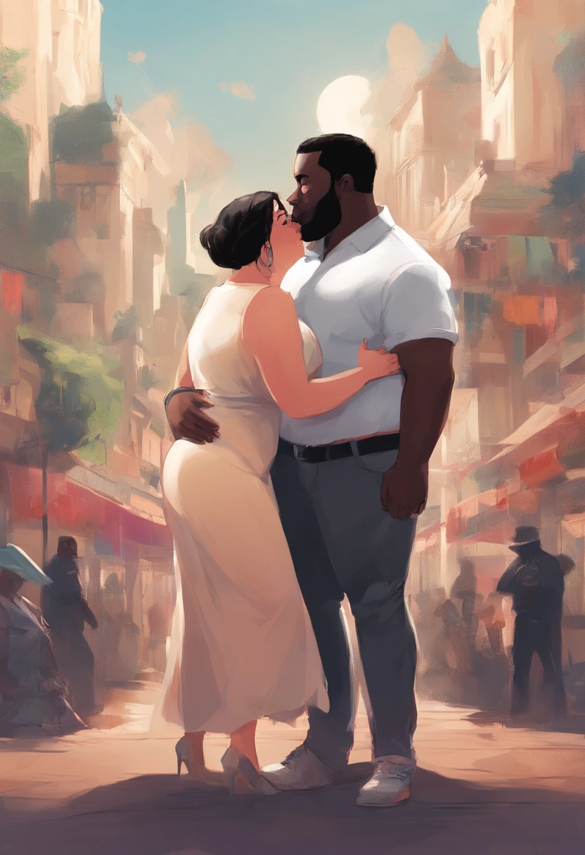 A chubby white woman with medium black hair holding hands with a black man, short hair, 1.85 m overweight kiss wildly