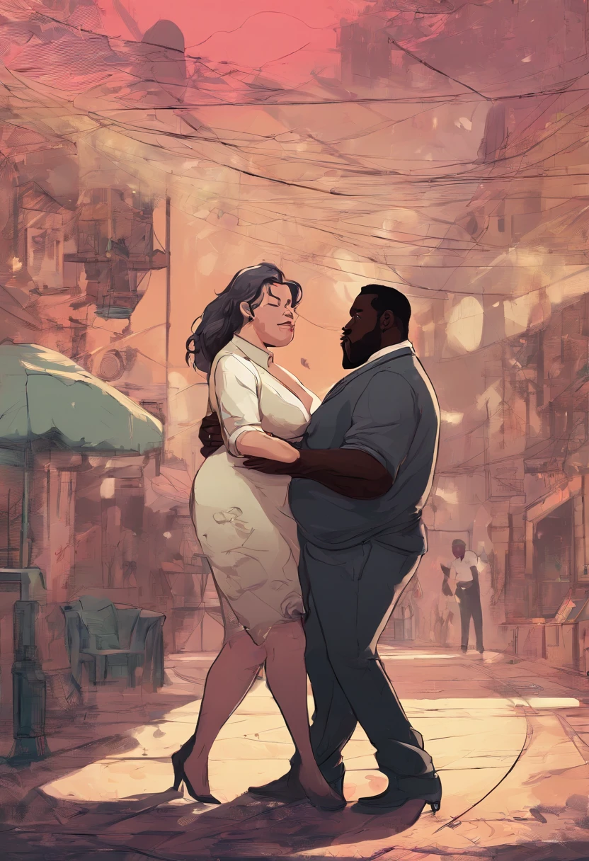 A chubby white woman with medium black hair holding hands with a black man, short hair, 1.85 m overweight kiss wildly