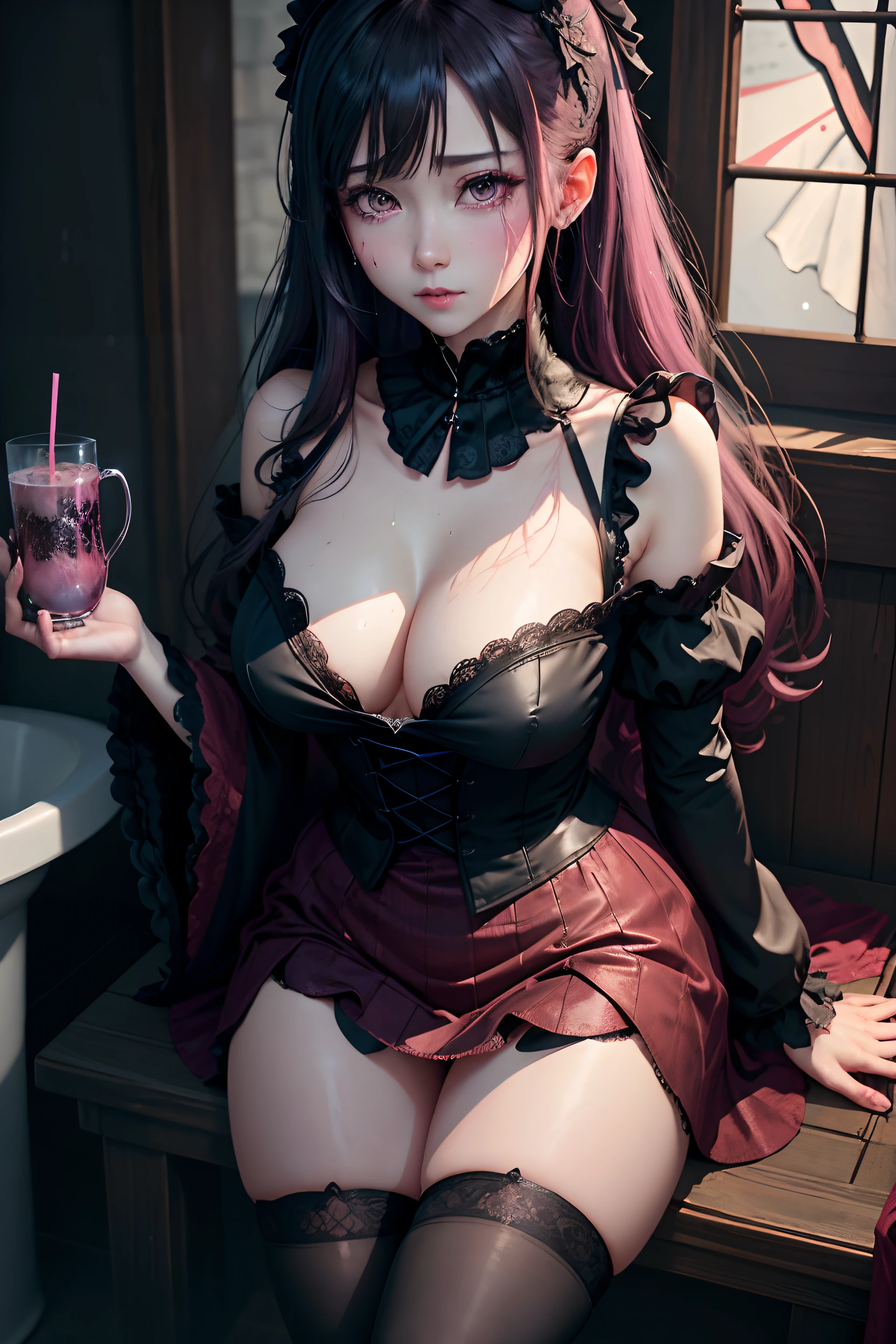 A sexy、A slight smil、garterbelts、knee high socks、panthyhose、Beautifying the world、Unhappy、Lament my night's fantasy、Transcendent beauty、Beautiful shape、wretched、ghosts、wraiths、Evil Spirit、Beautiful、boredom、Unusual beauty、Bewitching、Fornication、Hard Dark Gothic Makeup、Maniacal、Deep night sky、horor、twin-tail hair、Black Dark Eyeshadow、slaves、crying how bright、mourn、Sad songs、Good skin luster、Lace pink、Long hair straight hair、Dark Gothic Makeup、Dark smile、Restless Palace、Expressions of sexual arousal、Fragrant beauty、age19、carriage、Lying、seductiv、Strong sexual pleasure facial expressions、A look of shame、open one's legs、Dark Gothic、Gothic Long Dress、Gothic ta、bright pink hair、masturbation、bell sleeves、Wizard Sleeve、Obscene look、Stained glass background、masutepiece、Best Quality、Ultra-detailed、Refers to 5 books、Sweat glitters on my chest、Glitter of sweat on your face、Huge glitter of sweat on the thighs、Expression of sexual pleasure in anguish、I'm sweating a lot、Drunken face、maid clothes、Nasty Woman、Mysterious、noble、Face holding back the toilet、Goth lolithes、Black pretend skirt、from below looking up、to stand、