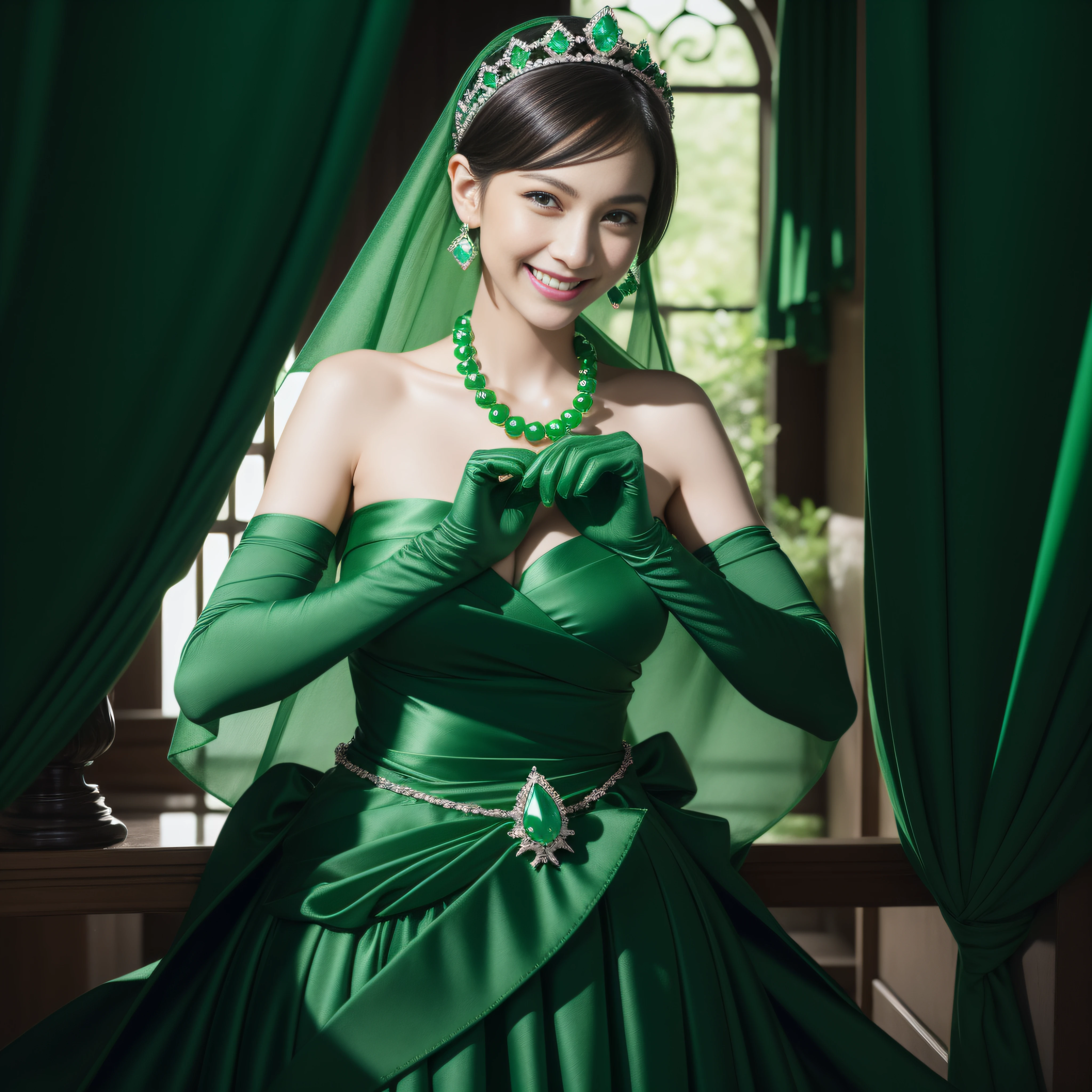 emerald tiara, Green Pearl Necklace, Boyish very short black hair, lipsticks, Japan woman smiling, very short short hair, big breasts beautiful, Green eyes, Long green gloves made of satin material, Green eyes, Emerald Earrings