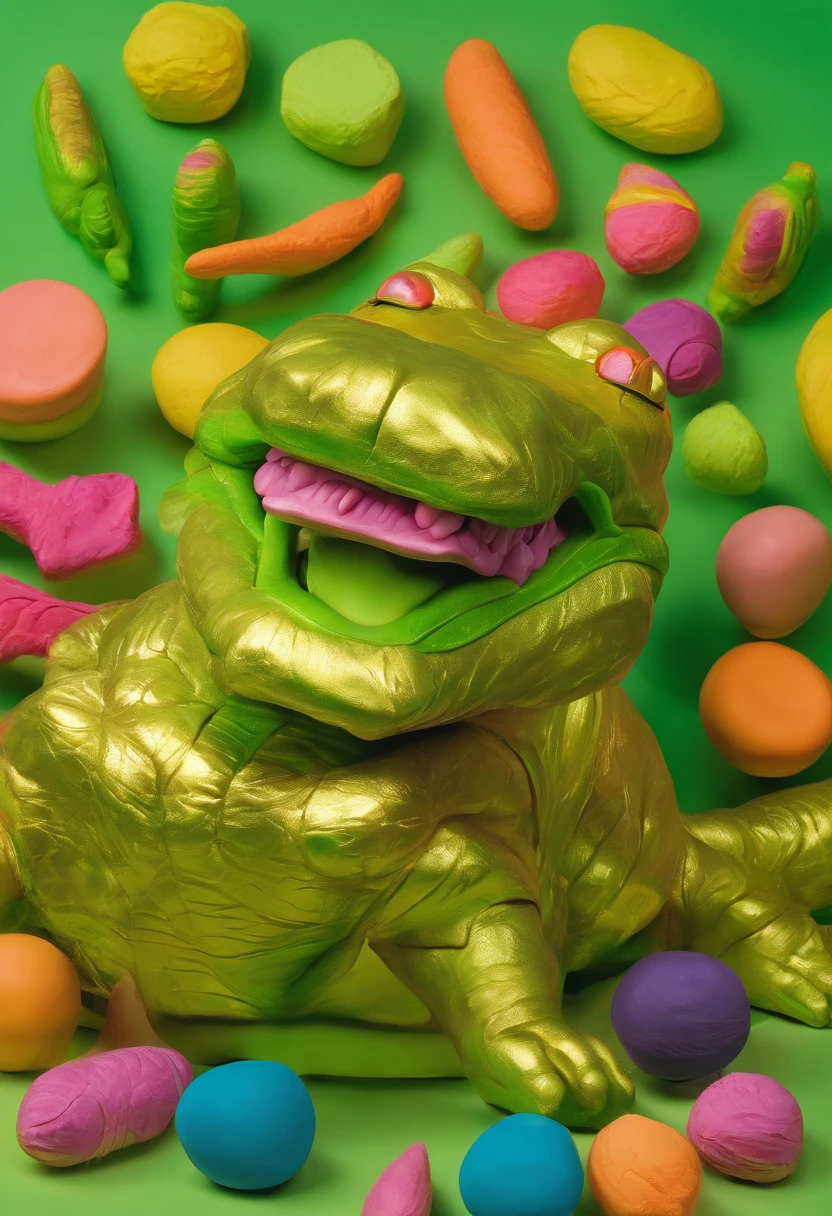 "(best quality,highres),gold sculpture,alligator,neon green lighting,shiny texture,vibrant colors"