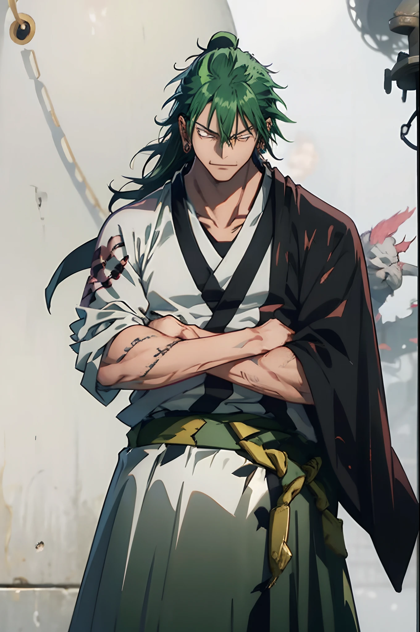 fushiguro toji, muscular male, bright green hair, menacing smile, peak of intimidation, monster, pink kimono, kesa, intimidating, no sleeves, long tattered red scarf, powerful, katanas on hip, katanas on back, black mosnter tattoo's on face and chest, black rings on arms, no sleeves, standing in a desert, no sleeves, ripped uniform, tattered scarf, scarf around neck, glowing white eyes, demonic stare, tall, strong, pure white eyes, no pupils, one eye scarred, black rings covered arms, green gem necklace, terrifying