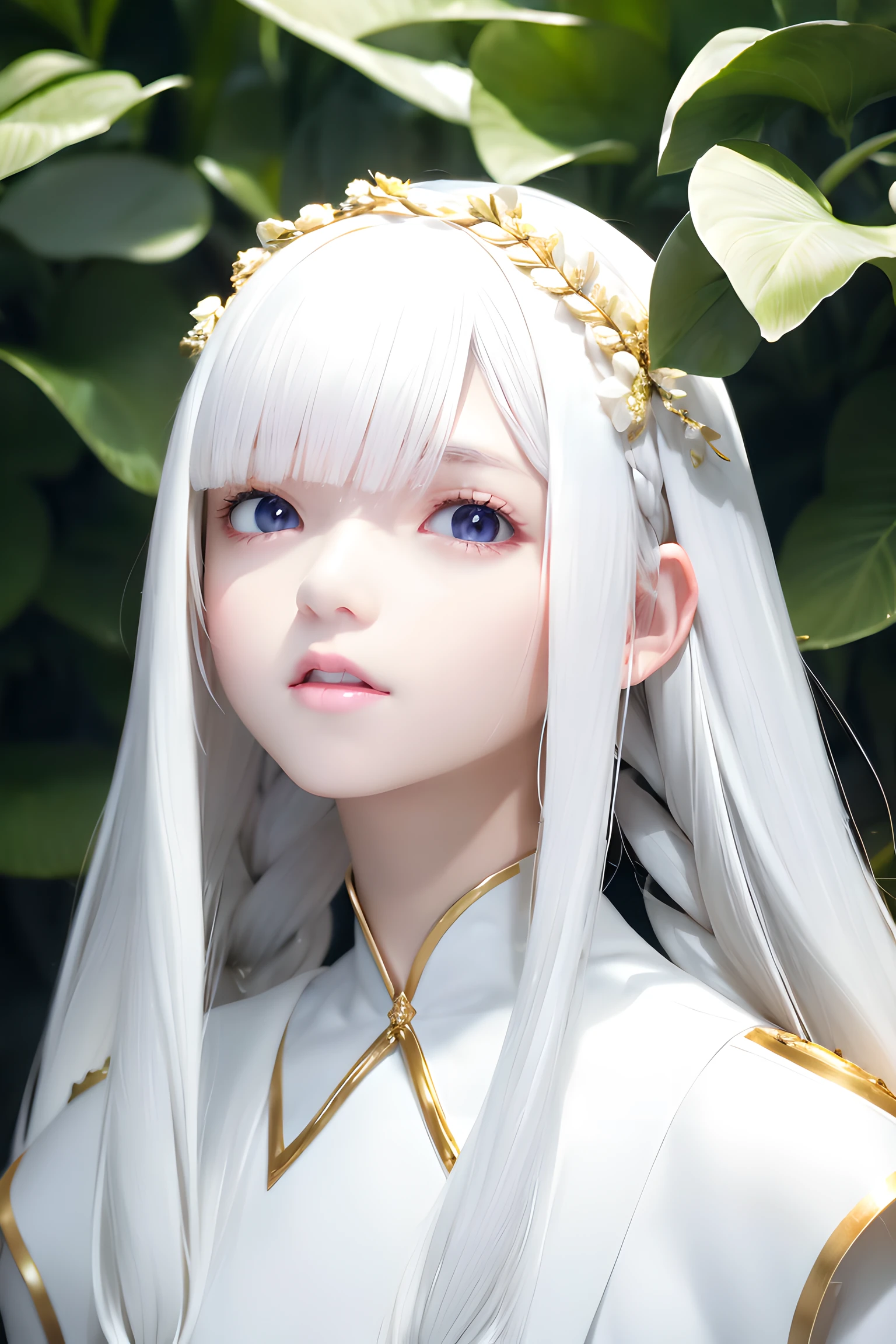 best quality, masterpiece,white hair, gold eyes,white clothes, looking up, upper body,hair strand,Fair skin,side braids