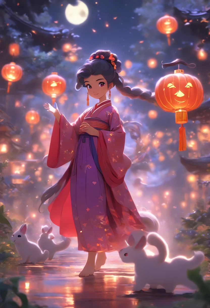 Super cute anthropomorphic small,Wearing a red Chinese Hanfu in Pixar style, She is a princess,she is walking,She looked around,Enjoying The Scenery,She loves the Mid-Autumn Festival celebrations,The background is a starry sky and a full moon, Charming big eyes,Cute tail,Super realistic,Super detail,Luxurious,elegant,Gorgeous,illusory engine,rendering by octane, 8K,v-ray,Super realistic,Beautiful icelandic woman, purple wavy hair, lavender eyes, lavender fairy dress, afraid infront of a haunted jungle , digital illustration, high resolution,ravens, halloween pumkins,white ghosts flying around , ominous vibes,smoke, prism and glitter, full moon,magical , modest