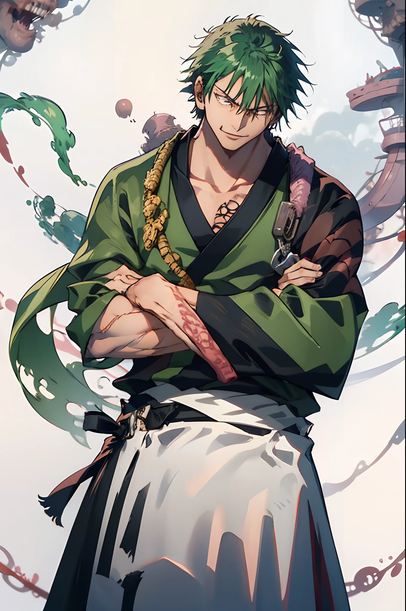 fushiguro toji, muscular male, bright green hair, menacing smile, peak of intimidation, monster, pink kimono, kesa, intimidating, no sleeves, long tattered red scarf, powerful, katanas on hip, katanas on back, black mosnter tattoo's on face and chest, black rings on arms, no sleeves, standing in a desert