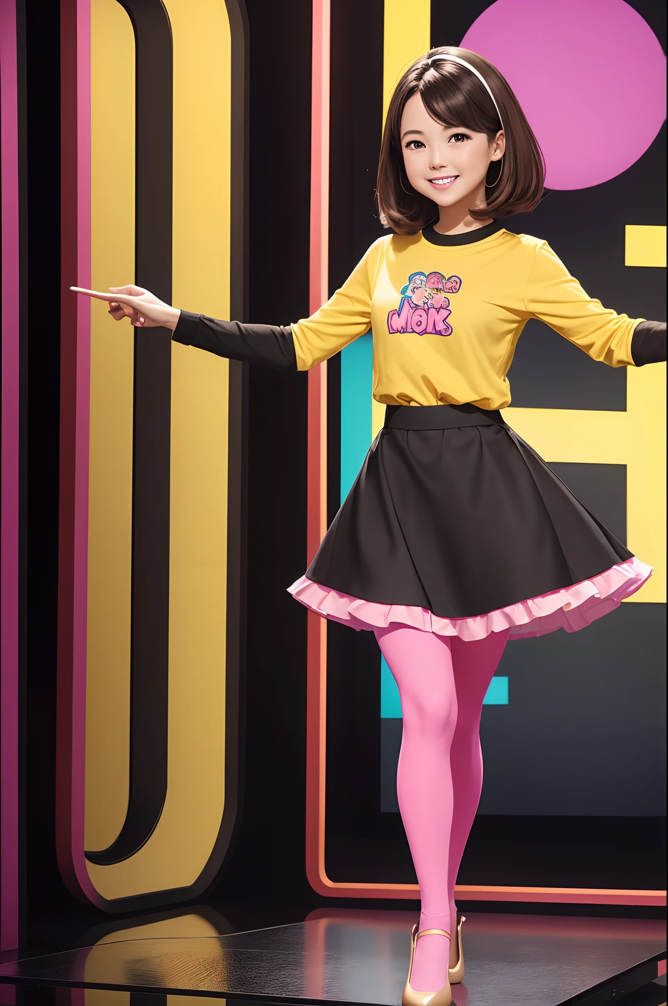 1080x1920, high quality,  1female,smile, yellow shirt, black skirt, pink tights, black flat shoes, Host of children's television programs,brown hair, mature female, tv studio