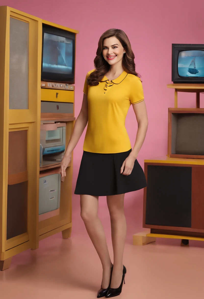 1080x1920, high quality, 1female,smile, yellow shirt, black skirt, pink tights, black flat shoes, Host of children's television programs,brown hair, mature female, tv studio