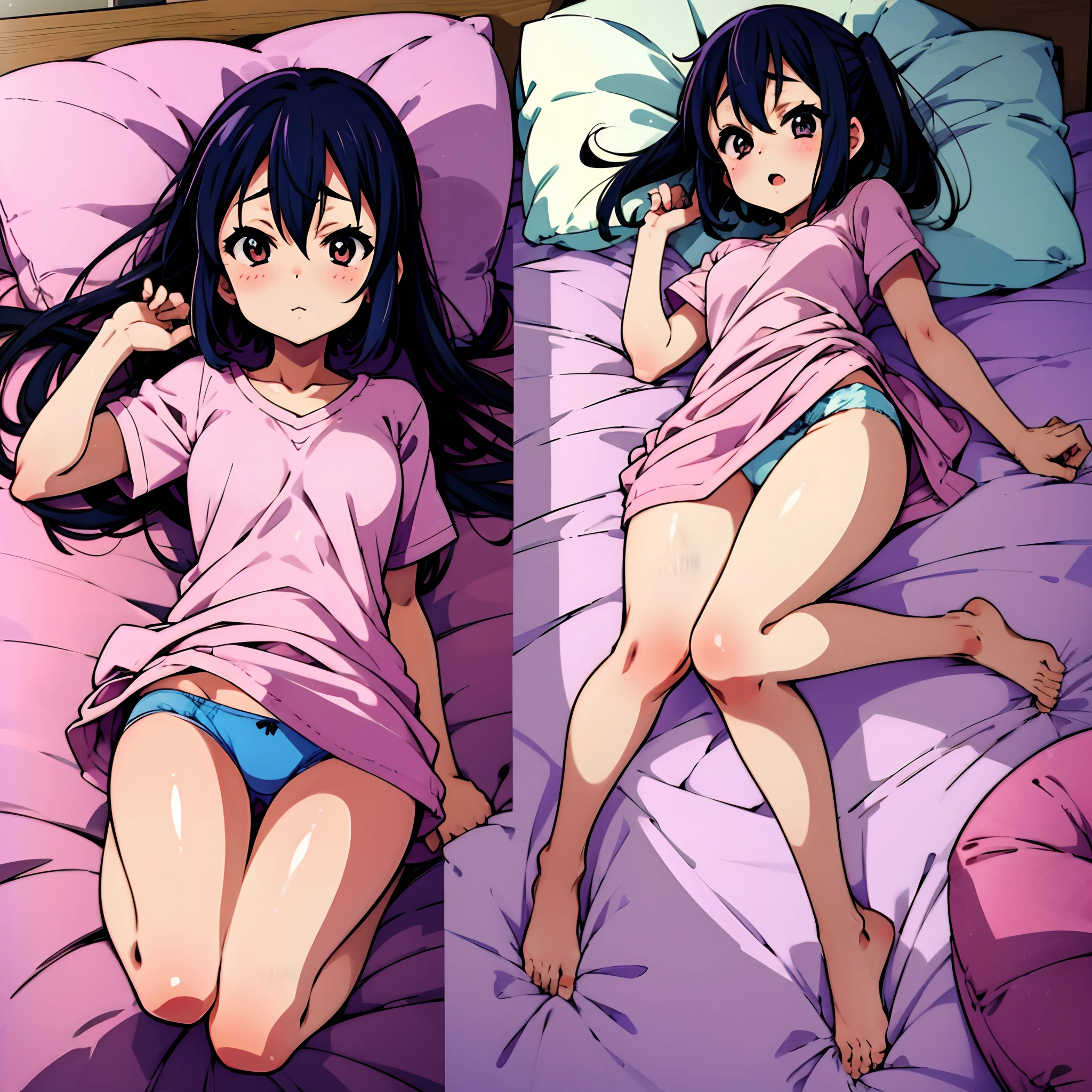 Azusa Nakano, (1Girl), pink shirt, strawberry design, blue panties, lying in bed, looking at viewer, seductive, enticing, High Quality, full body view, hentai