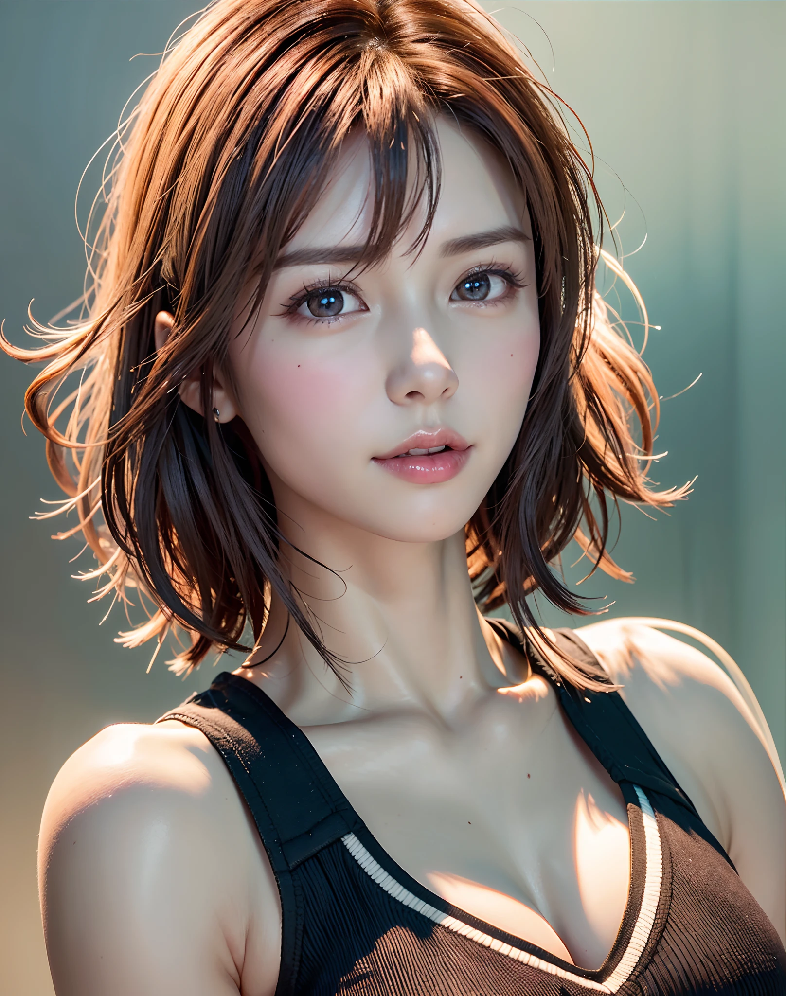 (in 8K, top-quality, masterpiece:1.2), (realisitic, Photorealsitic:1.37), ultra-detailliert, Natural sunlight, mideum breasts, I can see the cleavage, 1 persons, 25 year old woman, Pendants, Torn shorts, Light Knit V-Neck Shirt, At the time of performance, extremely detailed face and skin, A detailed eye, extremely detailed face and skin
