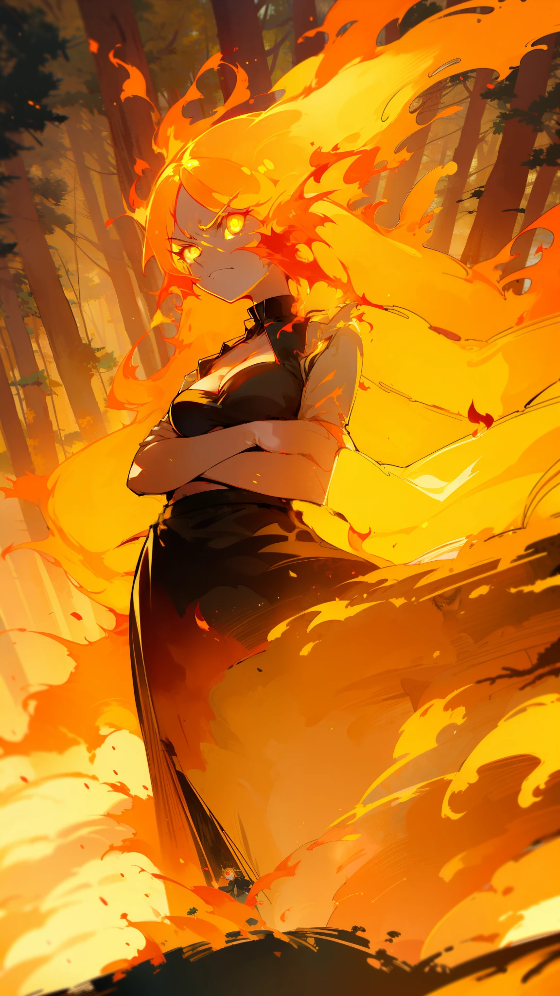 1girl small,solo,20s,angry face,(((woman face))),little cleavage,white shirt,black skirt, flame_hair,long hair,yellow eyes,(closed arms),burning body,burning on floor,(((standing in front of a forest)))