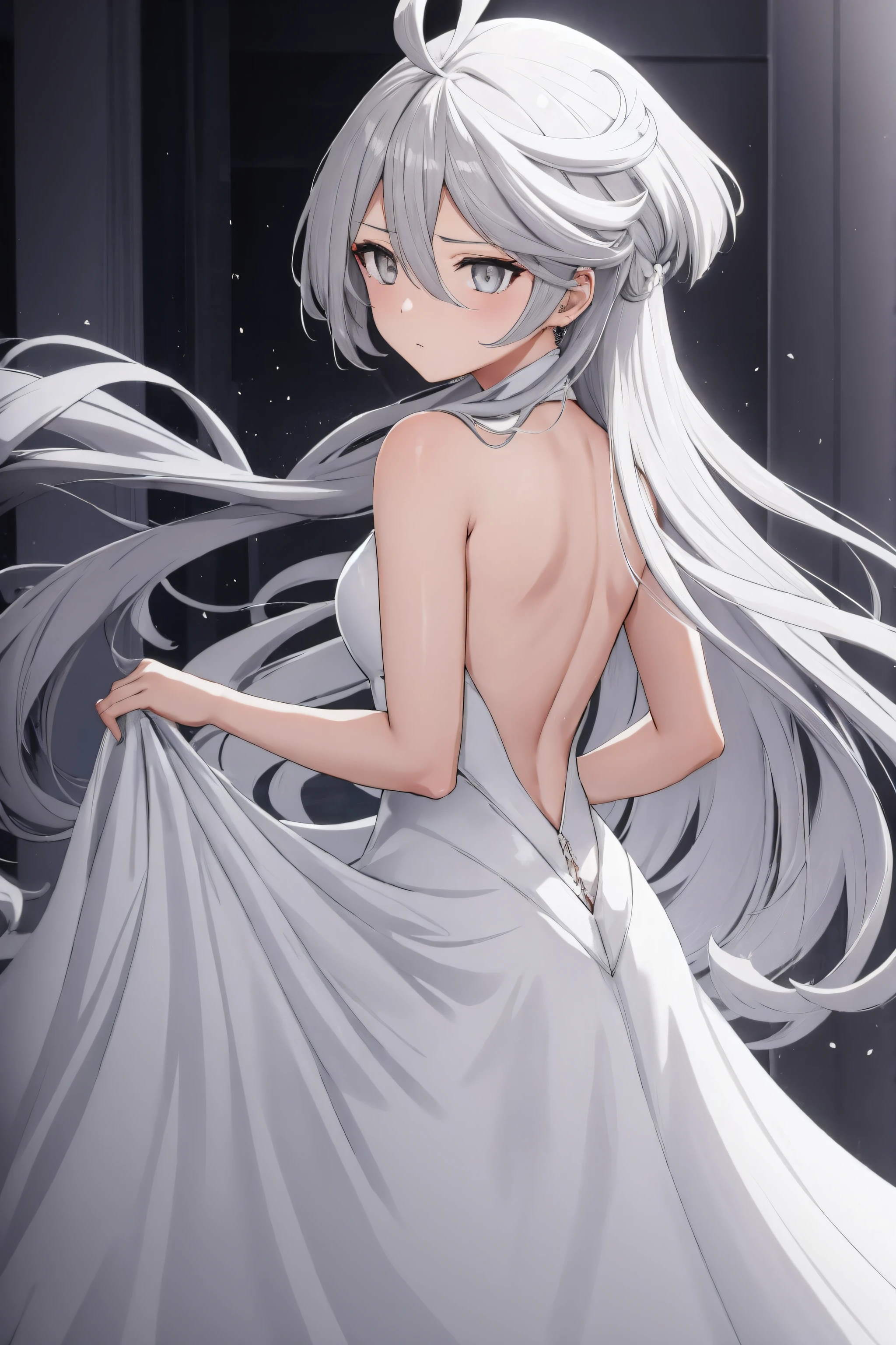 1girl, solo, wedding dress,from behind, miorine rembran, ahoge, (grey eyes:1.5), grey hair, hair between eyes, (long hair:1.25), swept bangs,