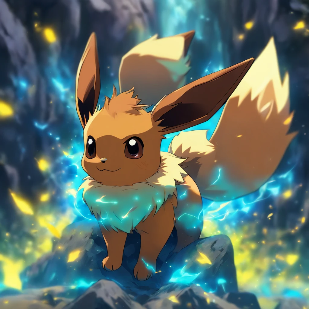 Eevee, blue rock-like body with brown limbs, jet black eyes surrounded by yellow, masterpiece, best quality