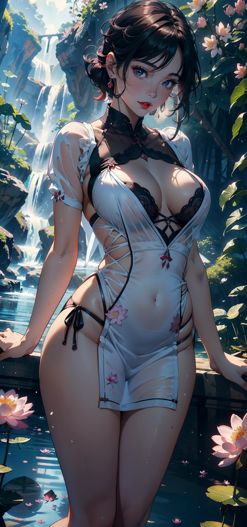1female，45 yers old，Married Woman，熟妇，plumw，extremely large bosom， 独奏，（Background with：ponds，Cherry blossom forest，rainforests，lotus flower）standing underwater， She has short pink hair，seen from the front，， mostly cloudy sky，（（（tmasterpiece），（Very detailed CG unity 8K wallpaper），best qualtiy，cinmatic lighting，detailed back ground，beatiful detailed eyes，Bright pupils，Black eyes，Snow-whiteskin，Redlip（Very fine and beautiful），（Beautiful and detailed eye description），ultra - detailed，tmasterpiece，））facing at camera，A high resolution，ultra - detailed），revealing breasts，Bare genitalia，  Bulge，legs are open，Raised sexy，Camel toes，Desire for dissatisfaction，frontage，（Wearing：，Red transparent apron，Bare ）