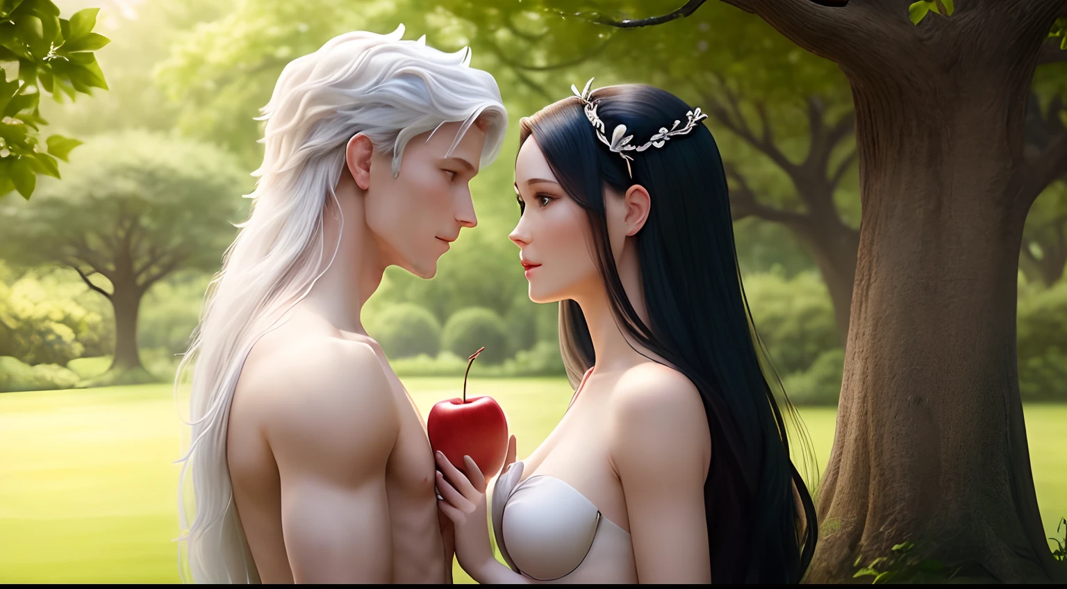 Eve giving adam an apple standing in front of a tree in the garden of eden, showing their bare shoulders and upward in higher quality.
I want them to look at each other, not away from each other, because eve is giving adam the apple. also I want it to show interaction, not a blank expression on both of their faces.