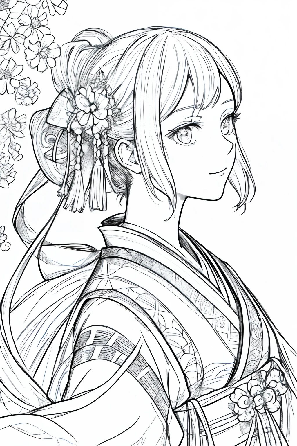masterpiece, acura, 1girl, solo, hanfu, bow hair, profile portrait closeup, flower line drawing background, white background, monochrome, line drawing, ((sketch))