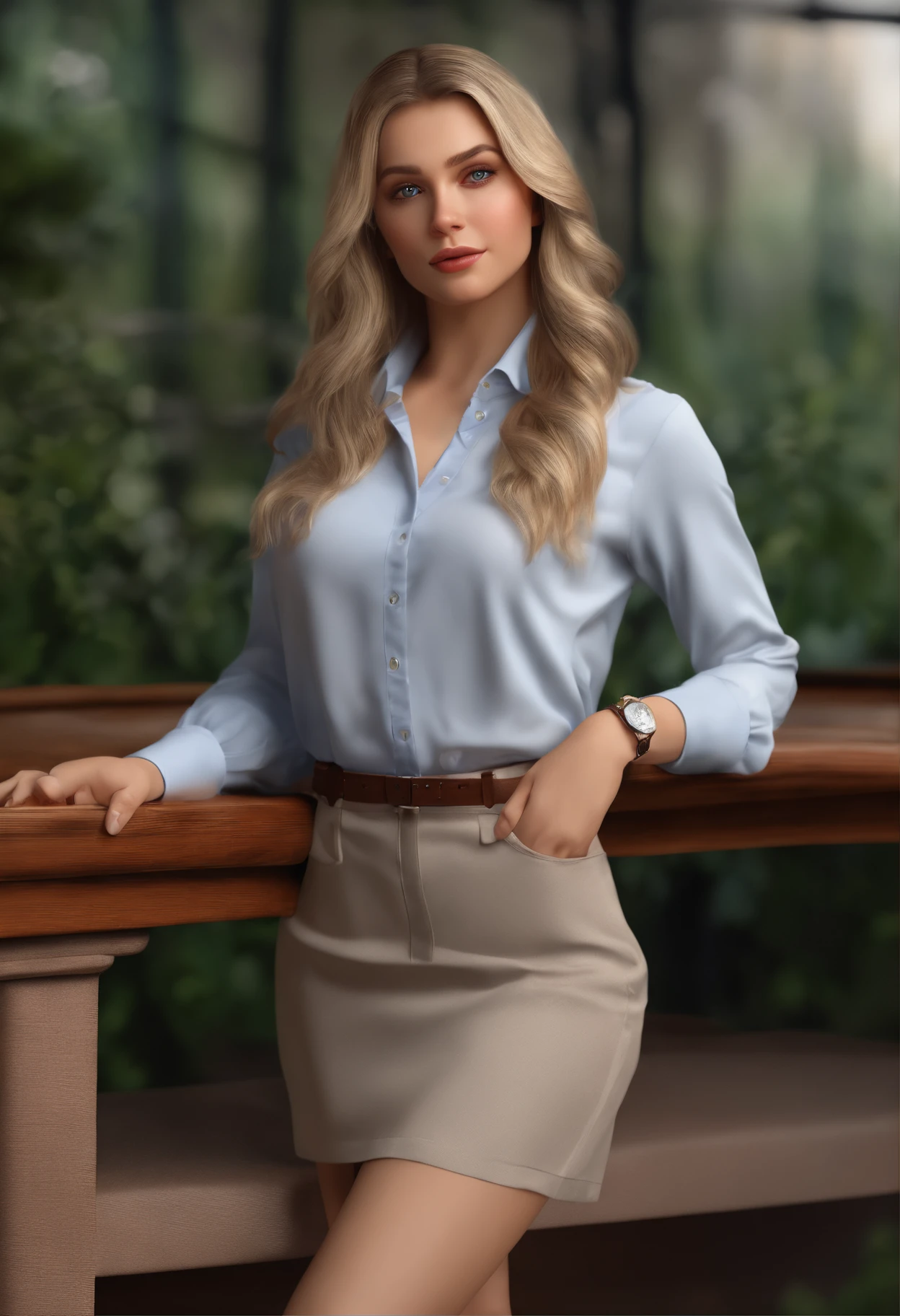 best quality, ultra high res, (photorealistic:1.4), 1girl, button shirt, black skirt, school, dark brown hair, breasts, (blonde hair:1.2), looking at viewer, (highly detailed face:1.1),, (PureErosFace_V1:0.8),tiktok,